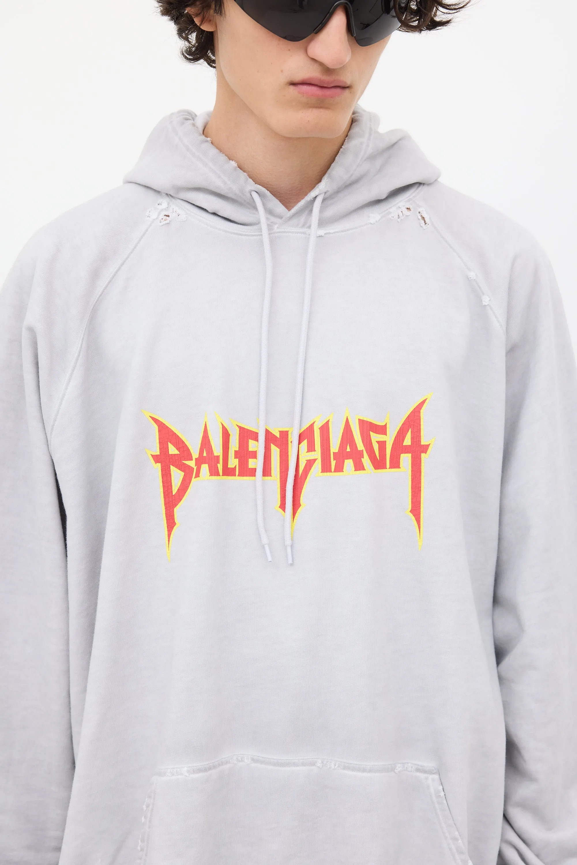 Grey & Multicolour Metal Logo Oversized Hoodie