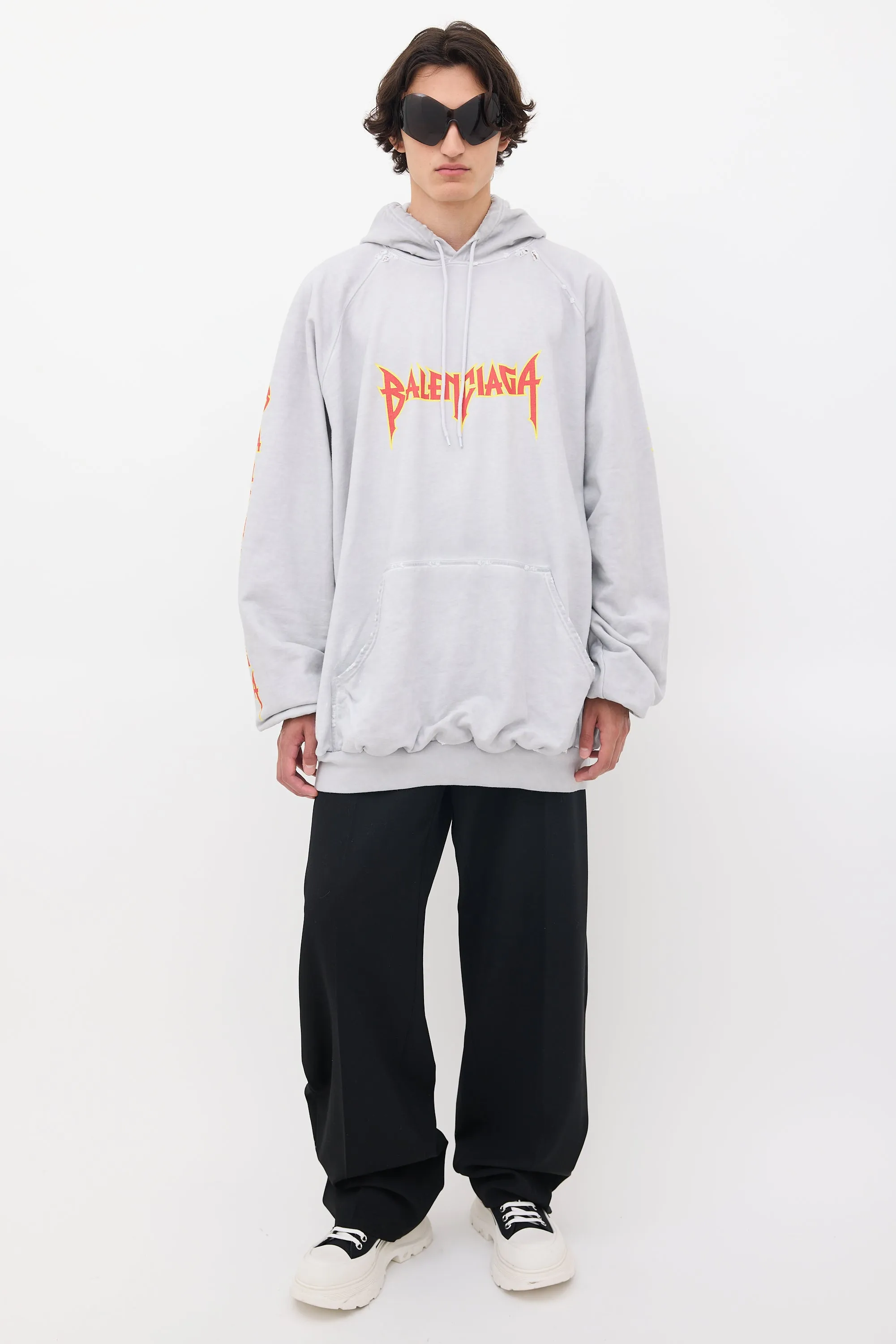 Grey & Multicolour Metal Logo Oversized Hoodie