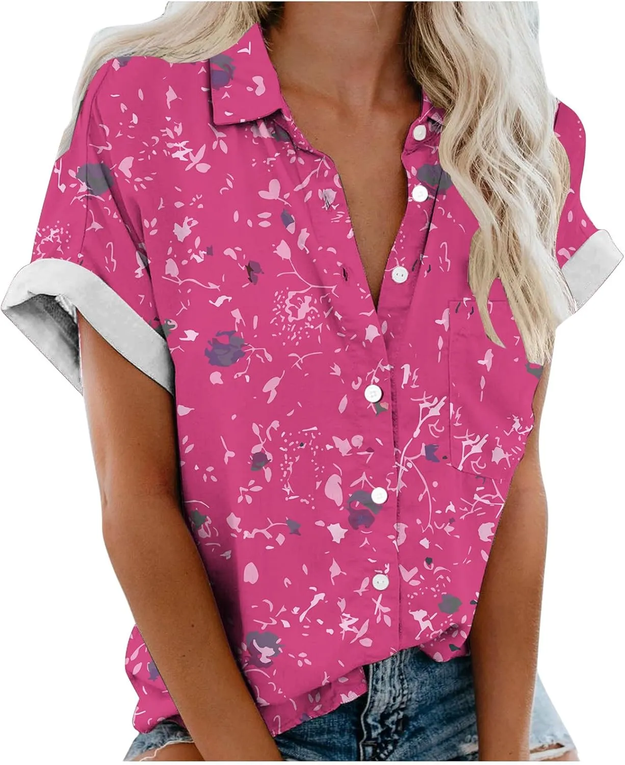 Hawaiian Shirts for Women Button Down Short Sleeve V Neck T Shirts Boho Floral Print Summer Blouses with Pockets