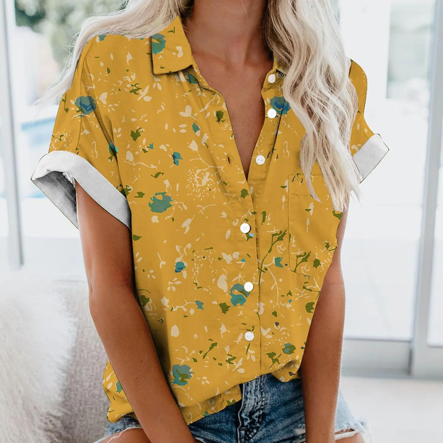 Hawaiian Shirts for Women Button Down Short Sleeve V Neck T Shirts Boho Floral Print Summer Blouses with Pockets