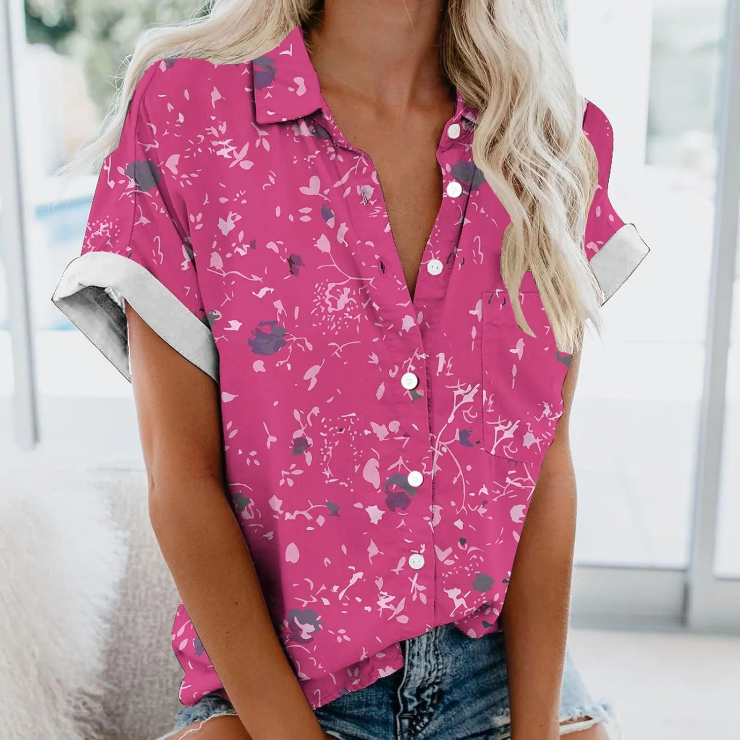 Hawaiian Shirts for Women Button Down Short Sleeve V Neck T Shirts Boho Floral Print Summer Blouses with Pockets