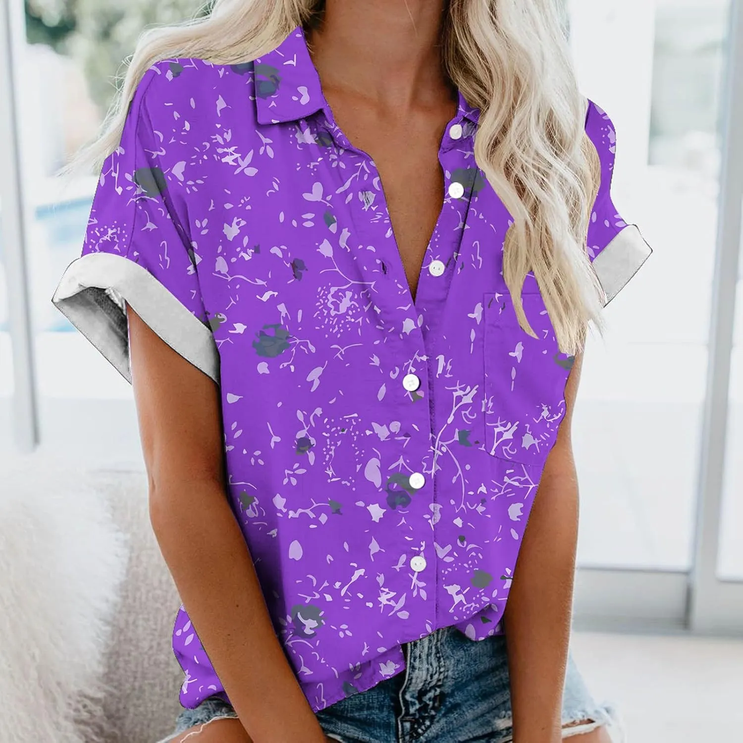 Hawaiian Shirts for Women Button Down Short Sleeve V Neck T Shirts Boho Floral Print Summer Blouses with Pockets