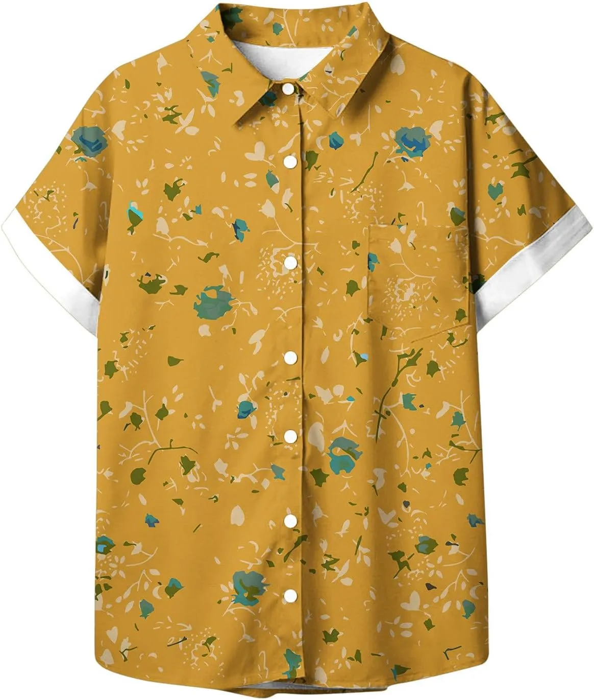 Hawaiian Shirts for Women Button Down Short Sleeve V Neck T Shirts Boho Floral Print Summer Blouses with Pockets