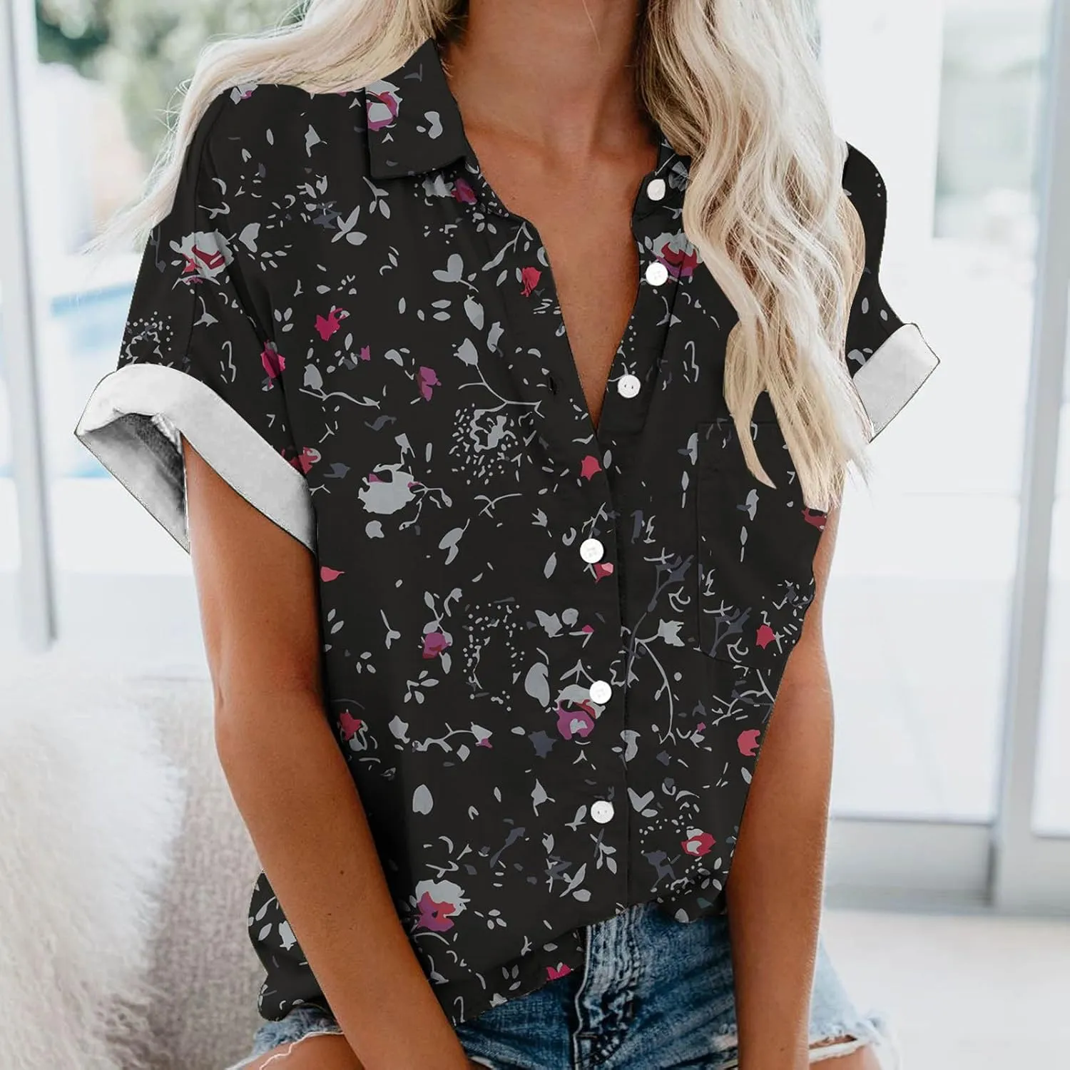 Hawaiian Shirts for Women Button Down Short Sleeve V Neck T Shirts Boho Floral Print Summer Blouses with Pockets