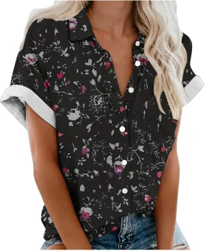 Hawaiian Shirts for Women Button Down Short Sleeve V Neck T Shirts Boho Floral Print Summer Blouses with Pockets