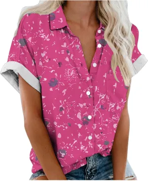 Hawaiian Shirts for Women Button Down Short Sleeve V Neck T Shirts Boho Floral Print Summer Blouses with Pockets
