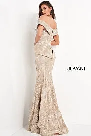 Jovani 02762 Gold Embellished Off the Shoulder Mother of the Bride Dress Peplum