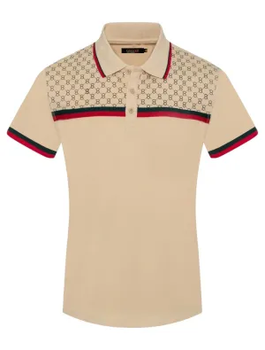 Khaki Men's Luxury Design Short Sleeve Polo Italy Design Red and Green Strip