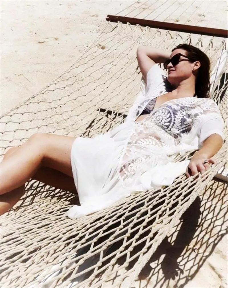 Lace Embroidered Ruffled Chiffon Pullover with Beach Jersey Bikini Blouse