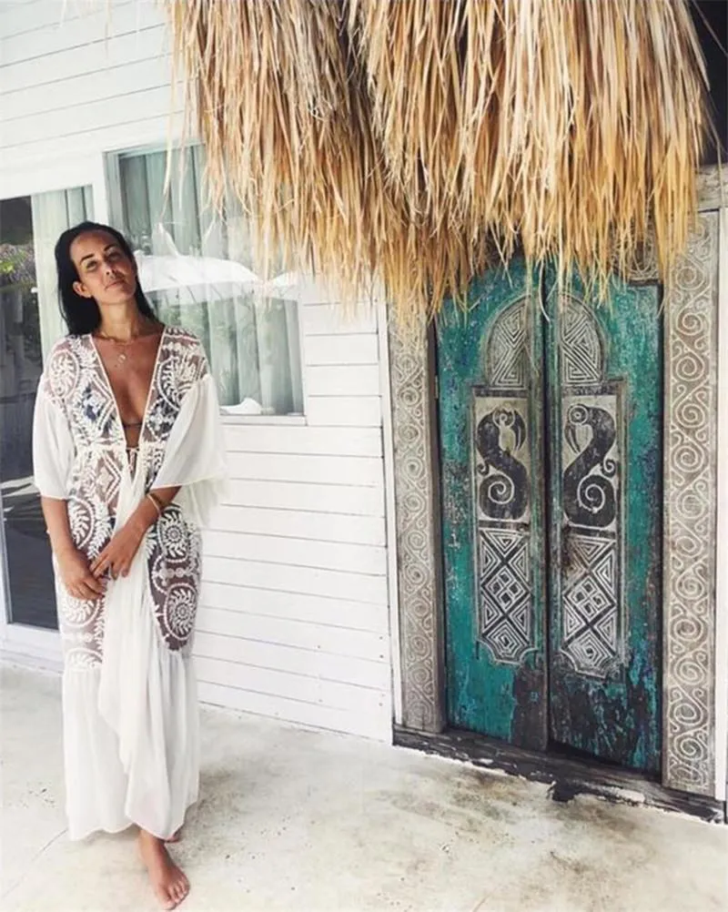 Lace Embroidered Ruffled Chiffon Pullover with Beach Jersey Bikini Blouse