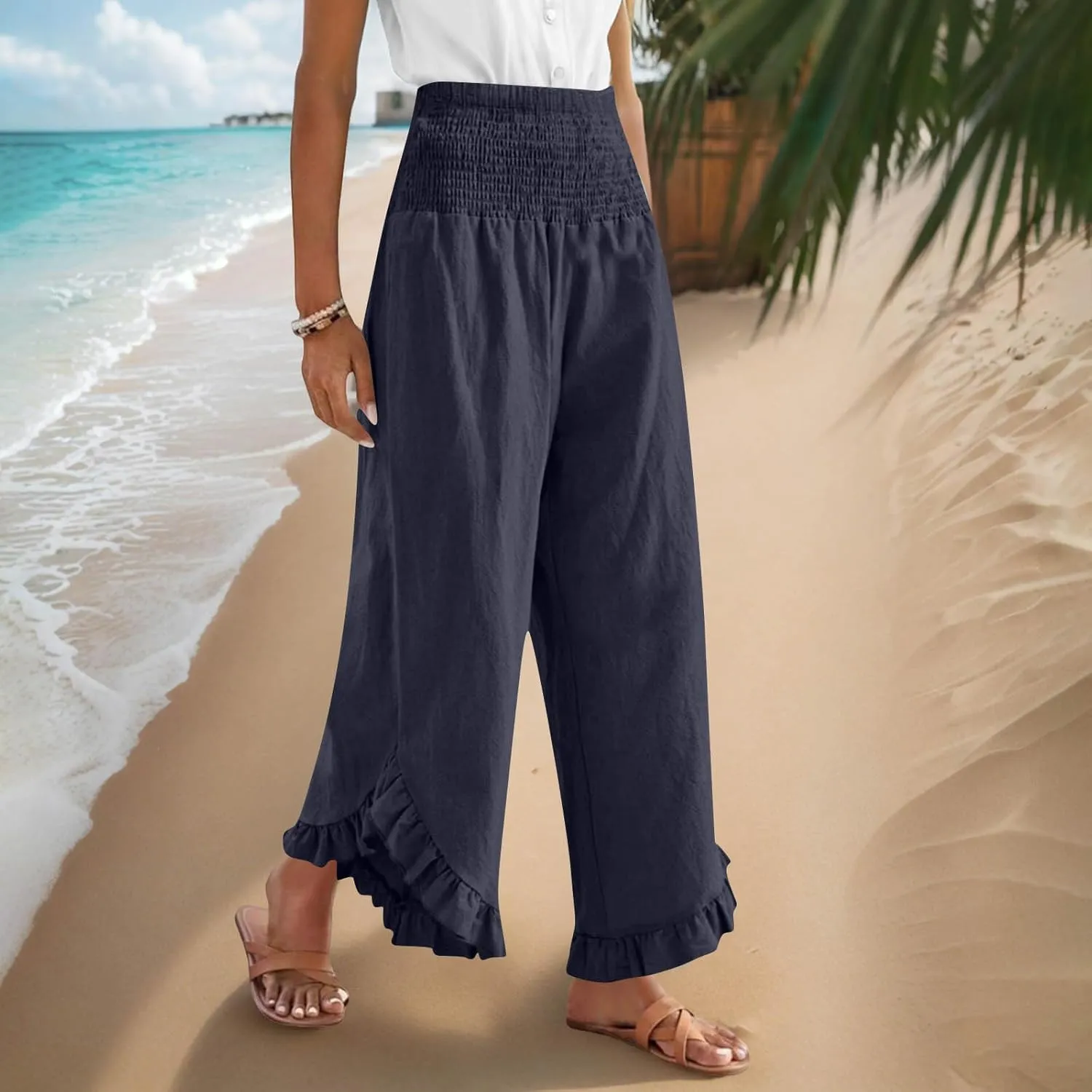 Linen Pants for Women Boho Flowy High Elastic Waisted Palazzo Pants Summer Casual Ruffled Wide Leg Capri Trousers