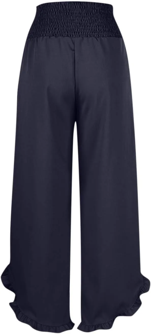Linen Pants for Women Boho Flowy High Elastic Waisted Palazzo Pants Summer Casual Ruffled Wide Leg Capri Trousers