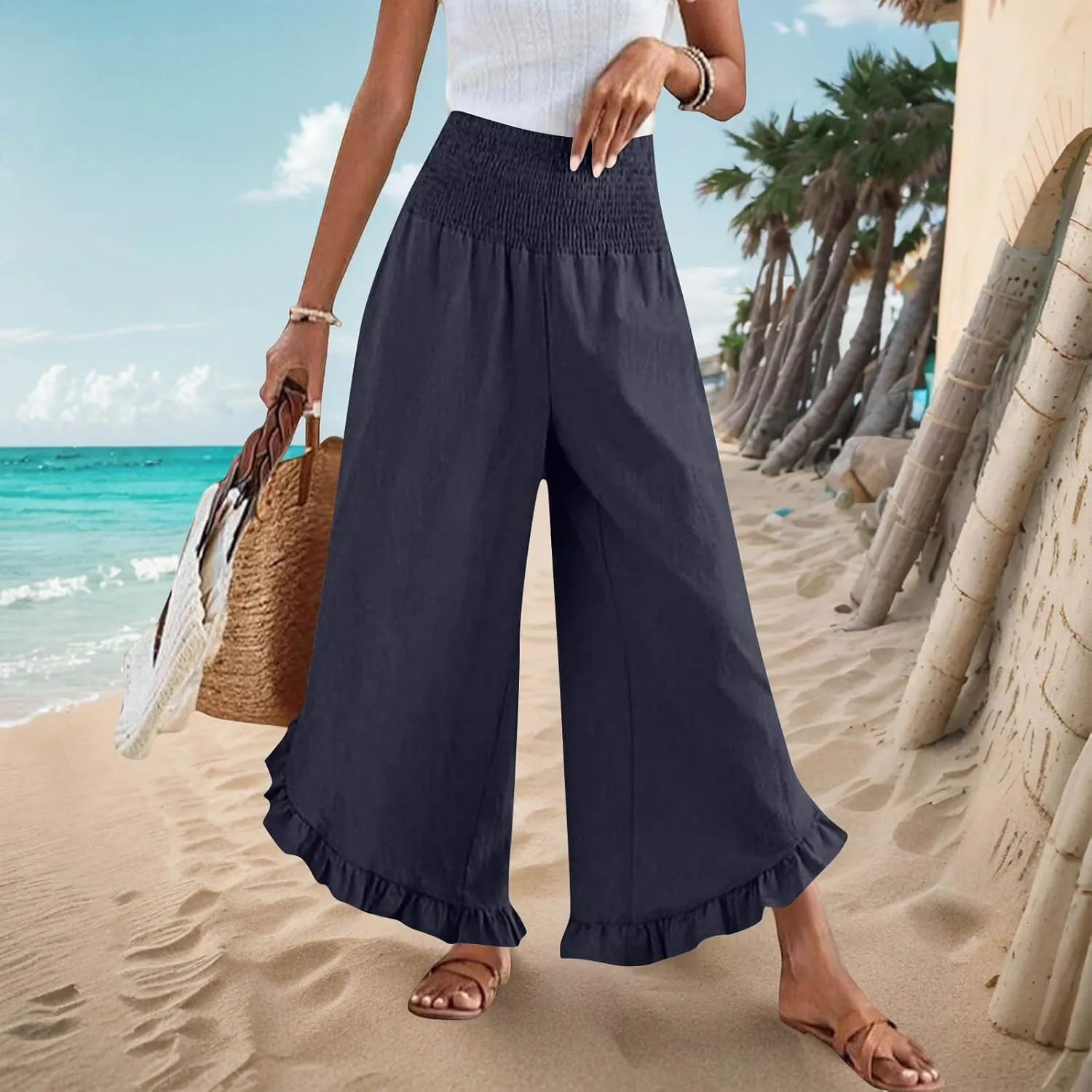 Linen Pants for Women Boho Flowy High Elastic Waisted Palazzo Pants Summer Casual Ruffled Wide Leg Capri Trousers