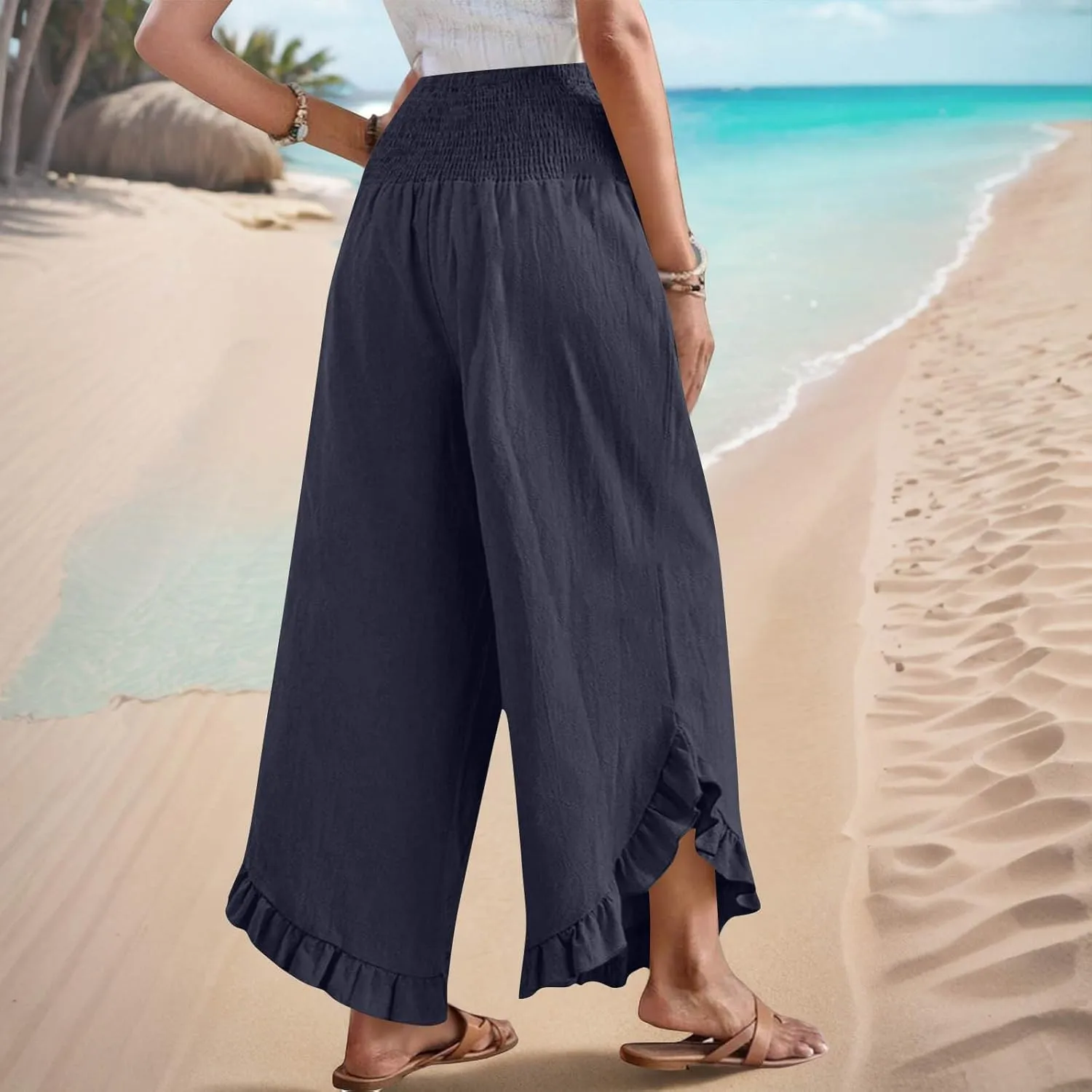 Linen Pants for Women Boho Flowy High Elastic Waisted Palazzo Pants Summer Casual Ruffled Wide Leg Capri Trousers