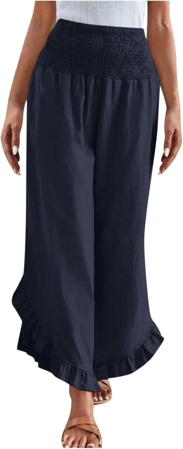 Linen Pants for Women Boho Flowy High Elastic Waisted Palazzo Pants Summer Casual Ruffled Wide Leg Capri Trousers