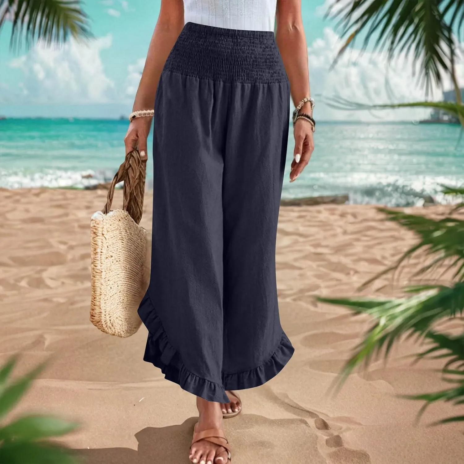 Linen Pants for Women Boho Flowy High Elastic Waisted Palazzo Pants Summer Casual Ruffled Wide Leg Capri Trousers