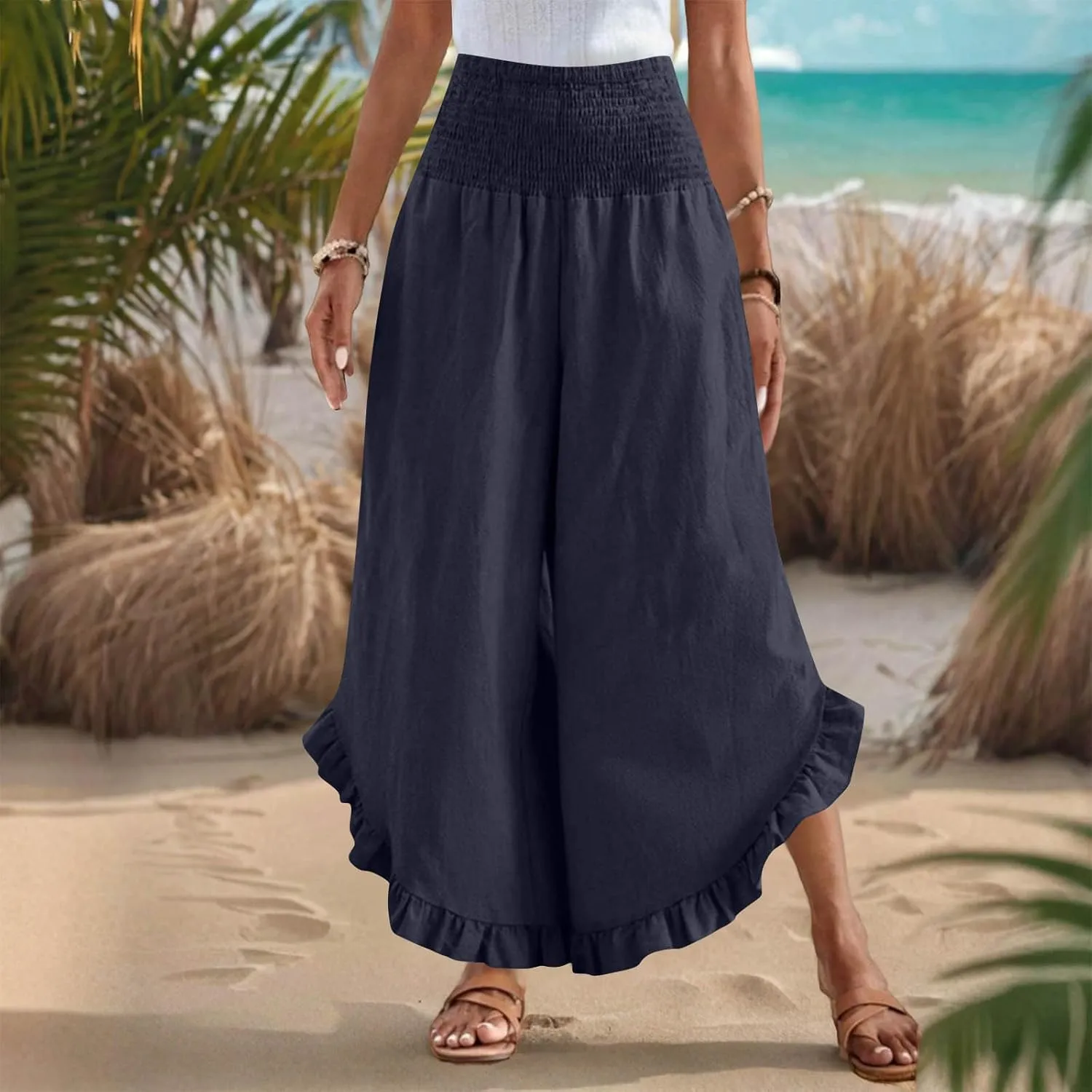 Linen Pants for Women Boho Flowy High Elastic Waisted Palazzo Pants Summer Casual Ruffled Wide Leg Capri Trousers