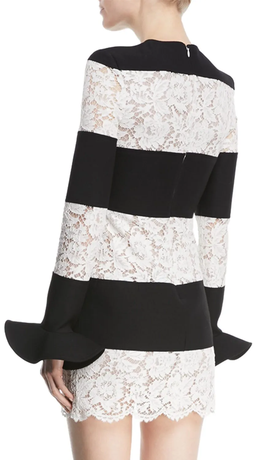 Long-Sleeve Crepe & Lace Stripe Mini Dress