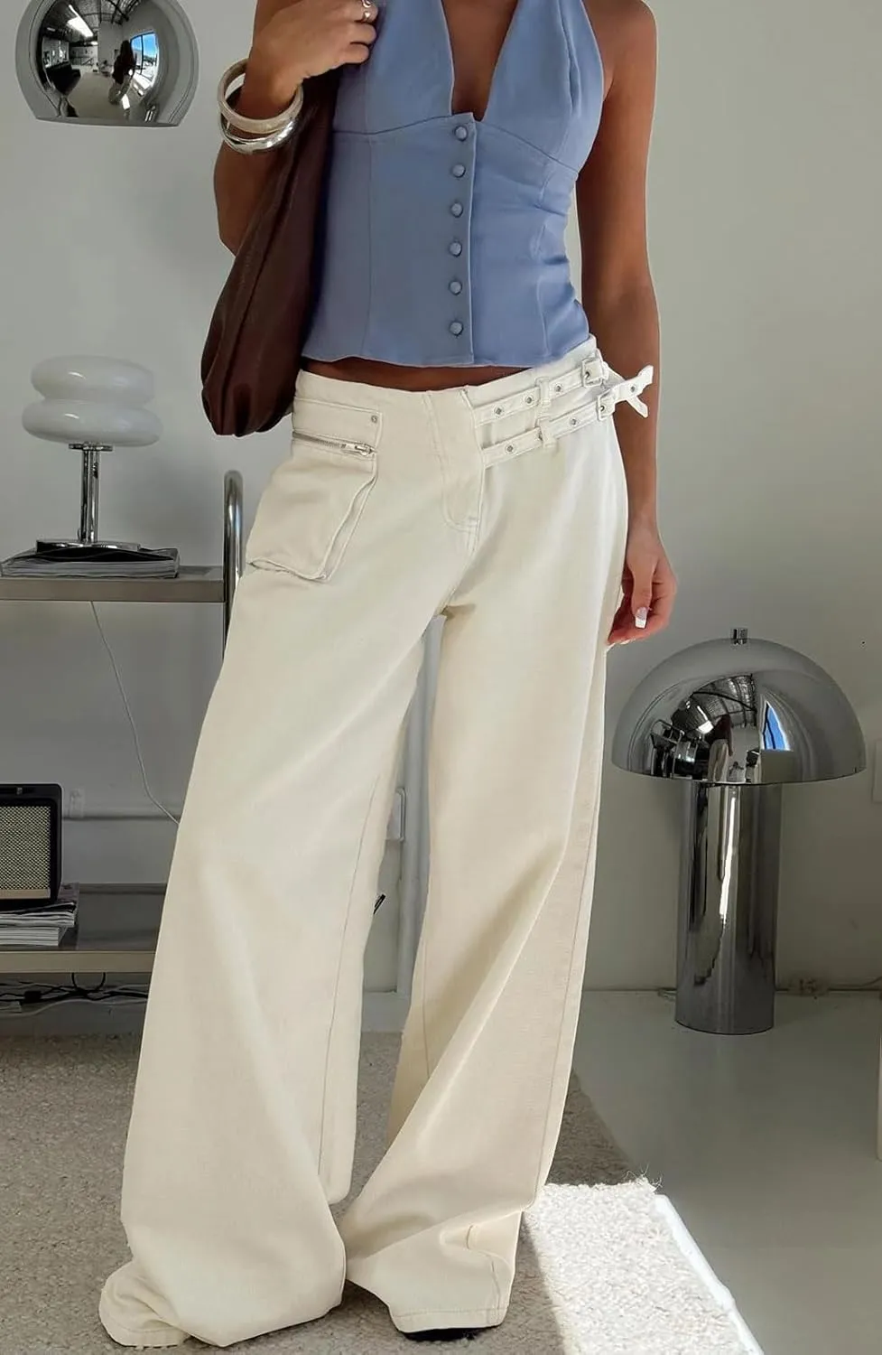 loveimgs Women Baggy Wide Leg Jeans Pull On Denim Palazzo Pants Flare Cargo Jeans Trouser Patchwork Boyfriend Belt