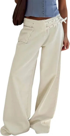 loveimgs Women Baggy Wide Leg Jeans Pull On Denim Palazzo Pants Flare Cargo Jeans Trouser Patchwork Boyfriend Belt