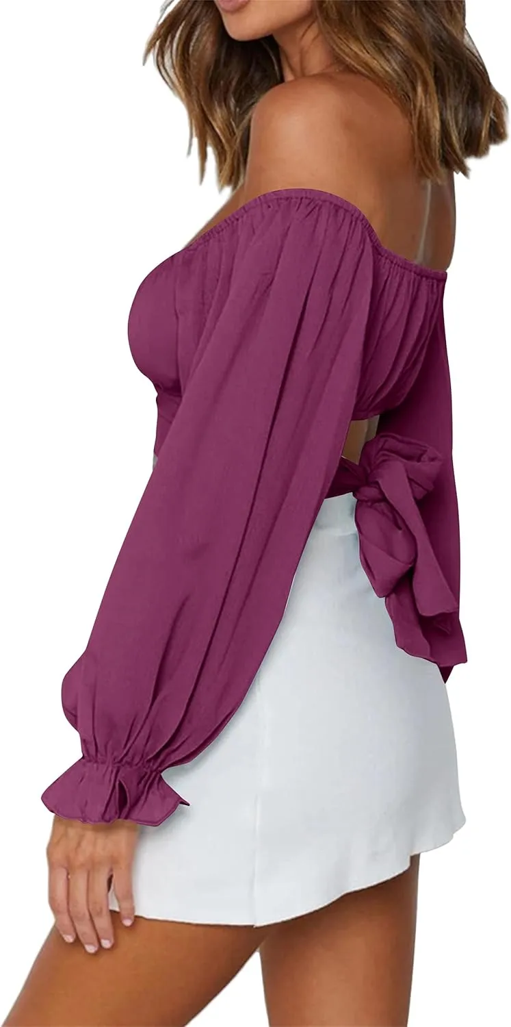 LYANER Women's Cute Off Shoulder Long Sleeve Self Tie Knot Crop Tube Top Blouse