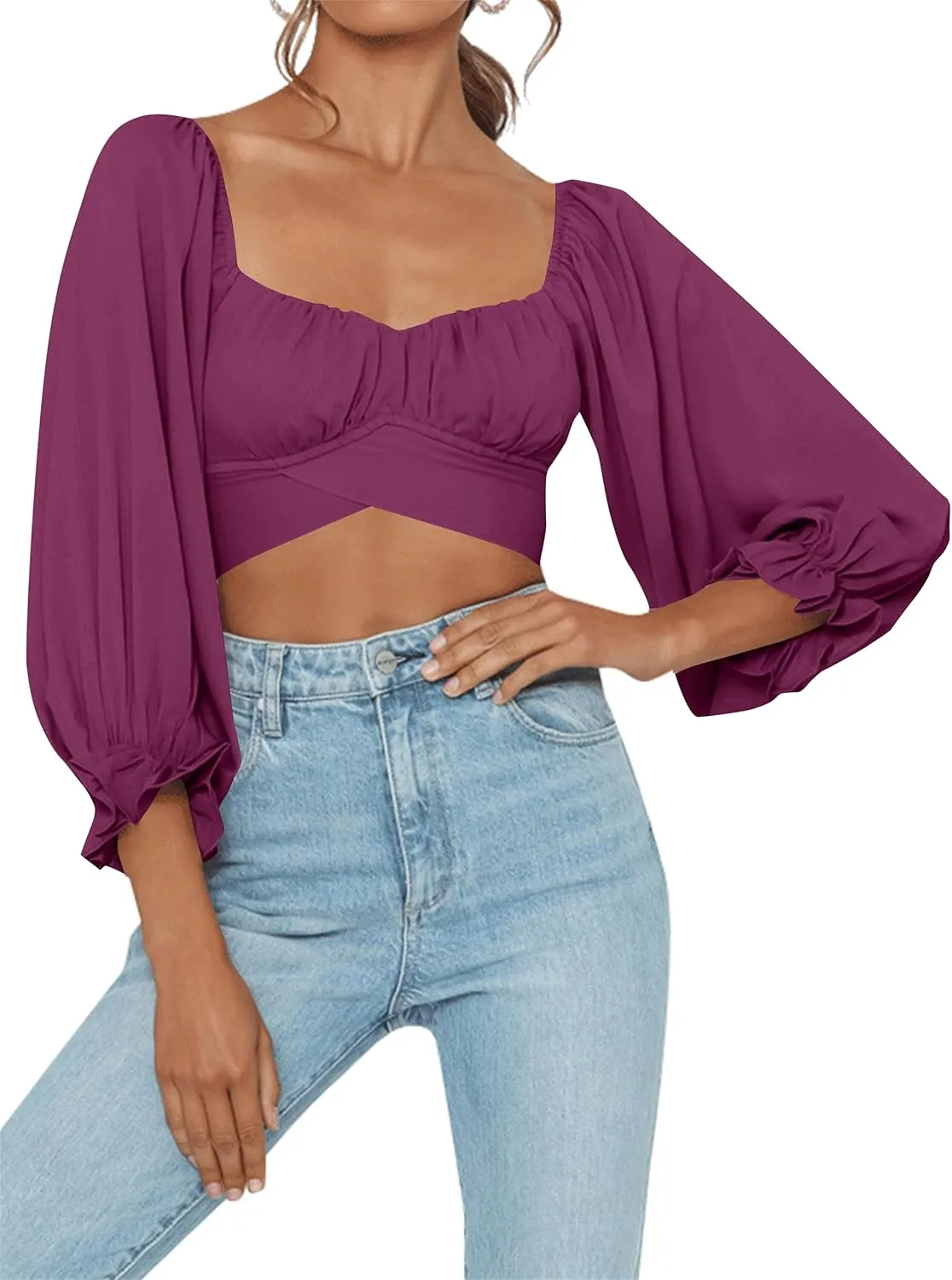 LYANER Women's Cute Off Shoulder Long Sleeve Self Tie Knot Crop Tube Top Blouse