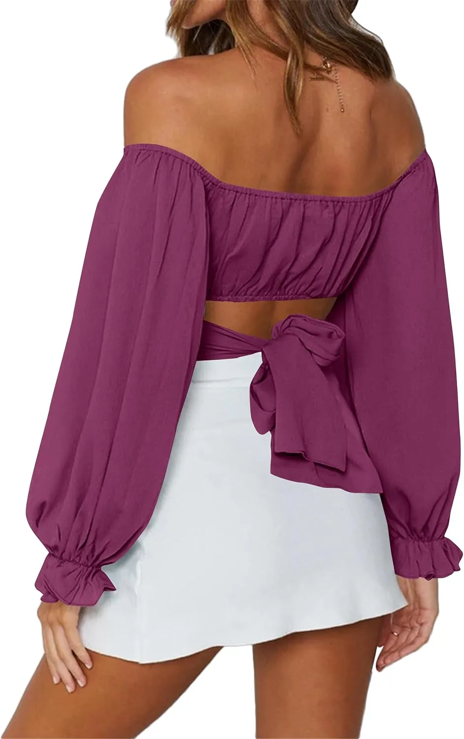 LYANER Women's Cute Off Shoulder Long Sleeve Self Tie Knot Crop Tube Top Blouse
