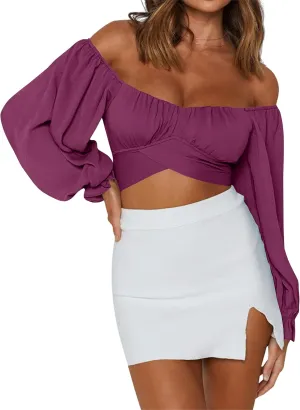 LYANER Women's Cute Off Shoulder Long Sleeve Self Tie Knot Crop Tube Top Blouse