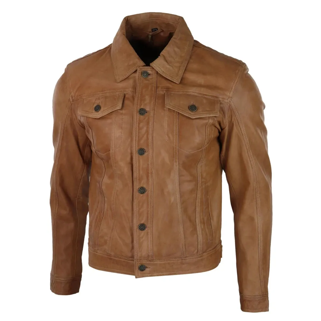 Men's Jeans Jacket Leather Short Washed Biker