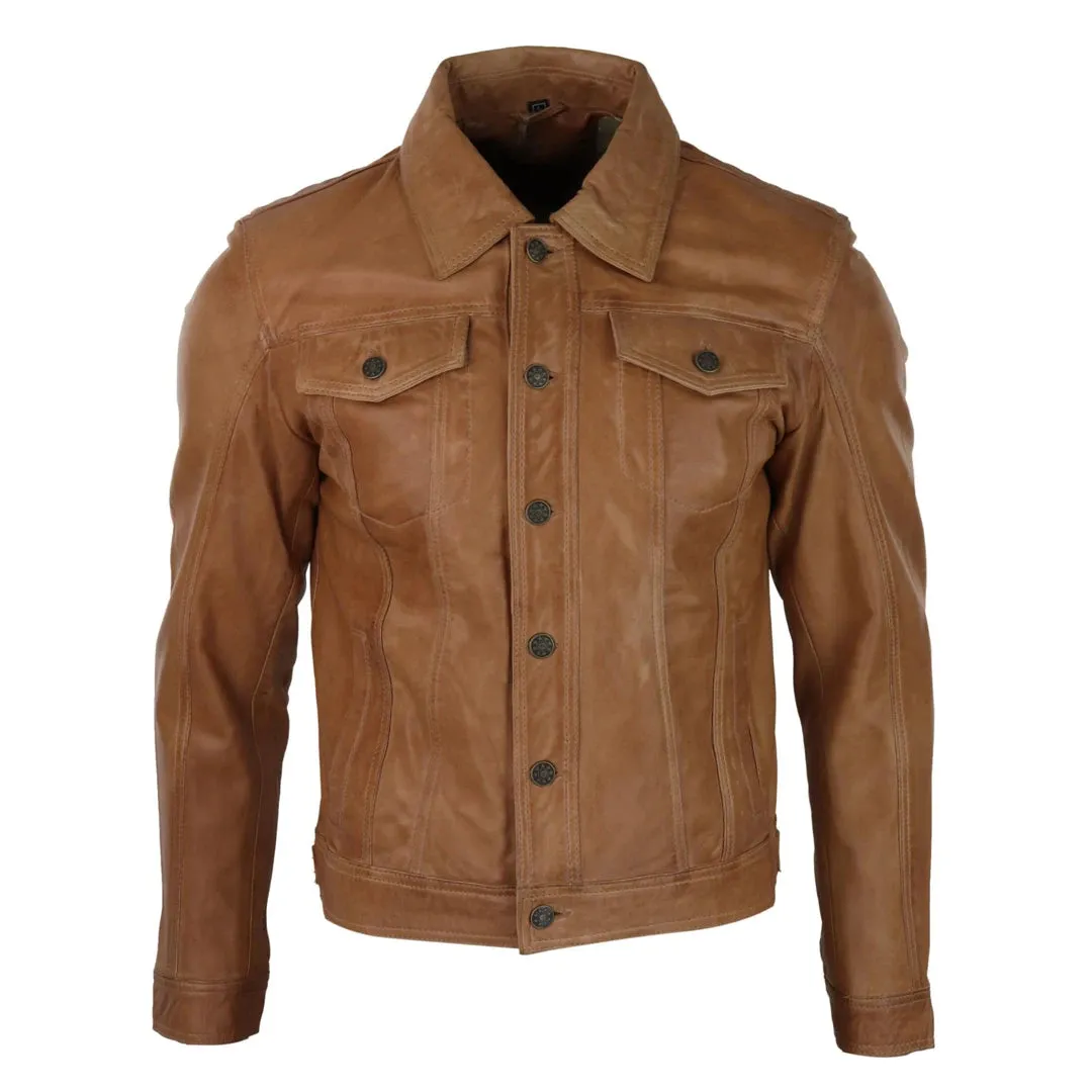 Men's Jeans Jacket Leather Short Washed Biker