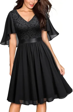 MISSMAY Women's Vintage V Neck Lace Chiffon Elegant Wedding Guest Party Dress