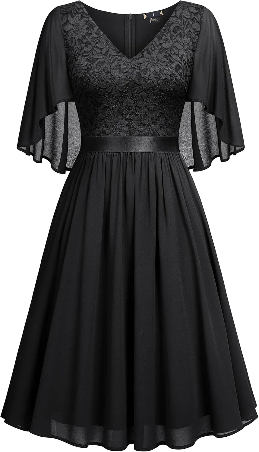MISSMAY Women's Vintage V Neck Lace Chiffon Elegant Wedding Guest Party Dress