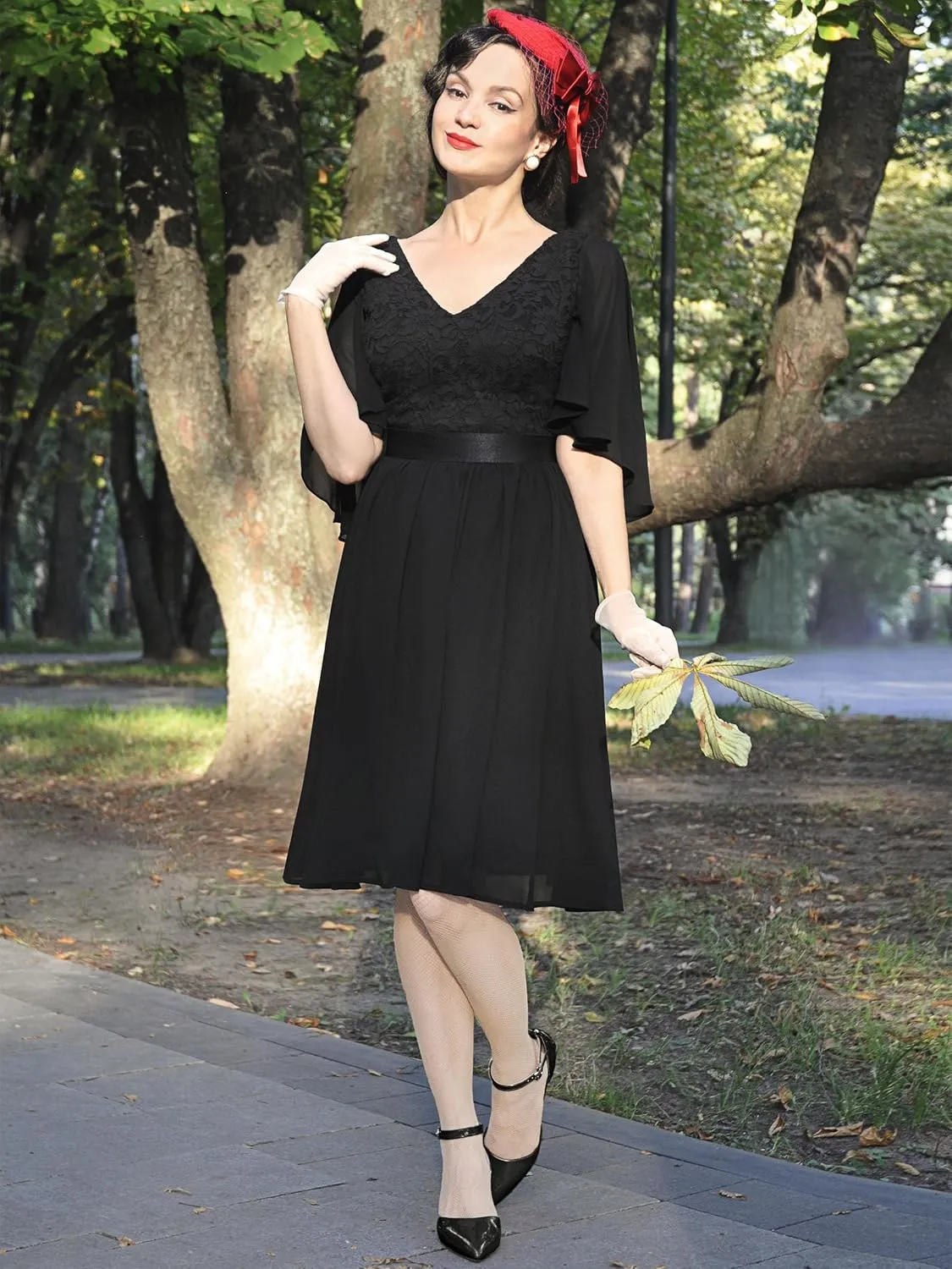 MISSMAY Women's Vintage V Neck Lace Chiffon Elegant Wedding Guest Party Dress