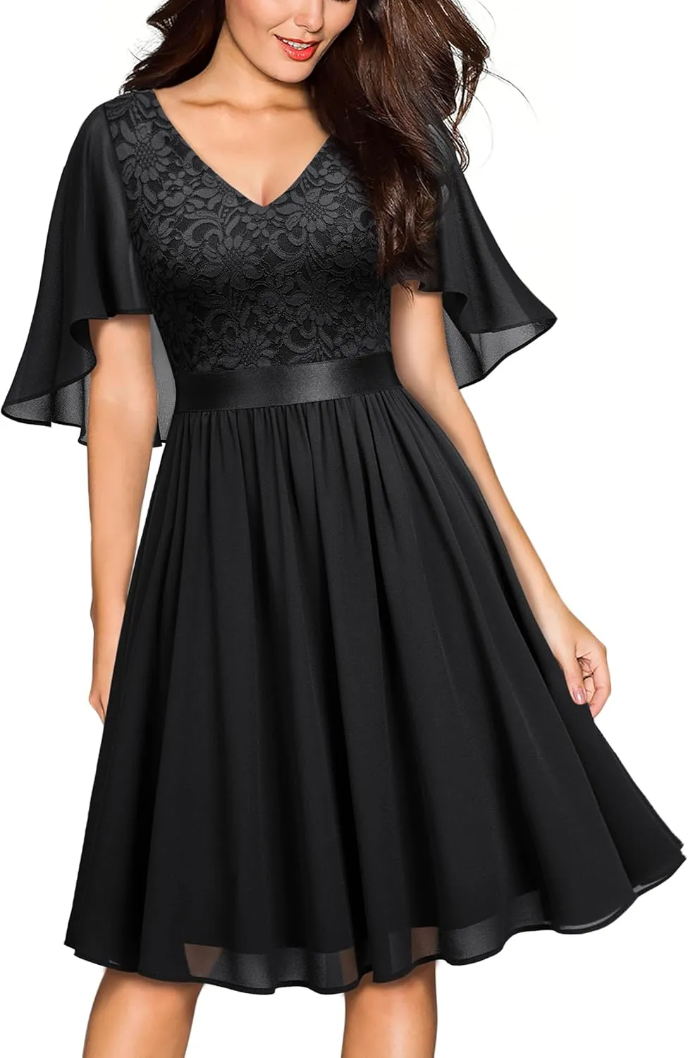 MISSMAY Women's Vintage V Neck Lace Chiffon Elegant Wedding Guest Party Dress
