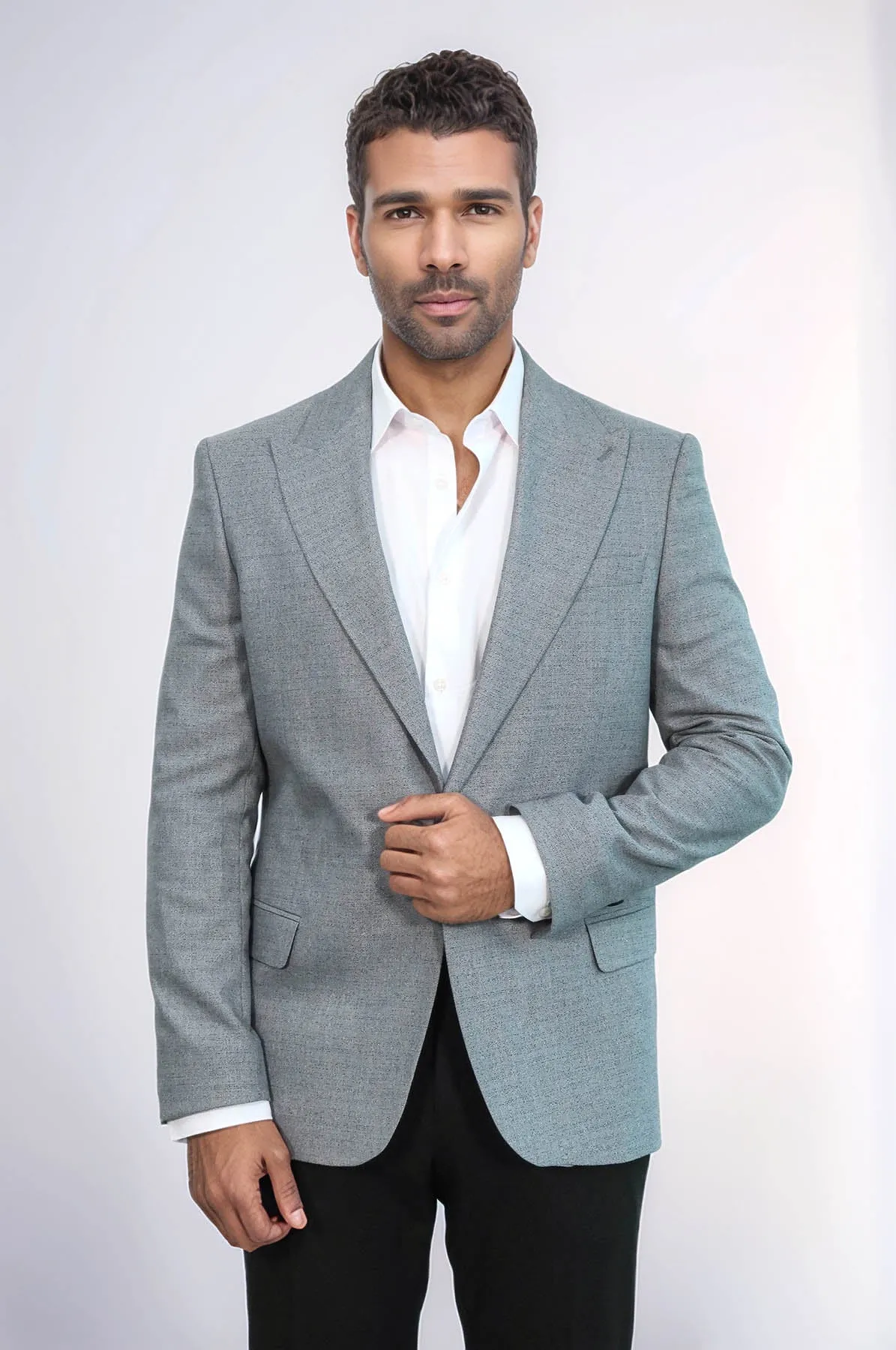 Patterned Wide Lapel Grey Men Blazer - Wessi