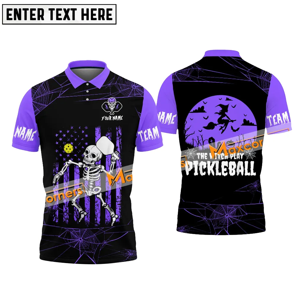 Pickleball Skull Halloween Multicolor Options Personalized Name, Team Name 3D Polo Shirt