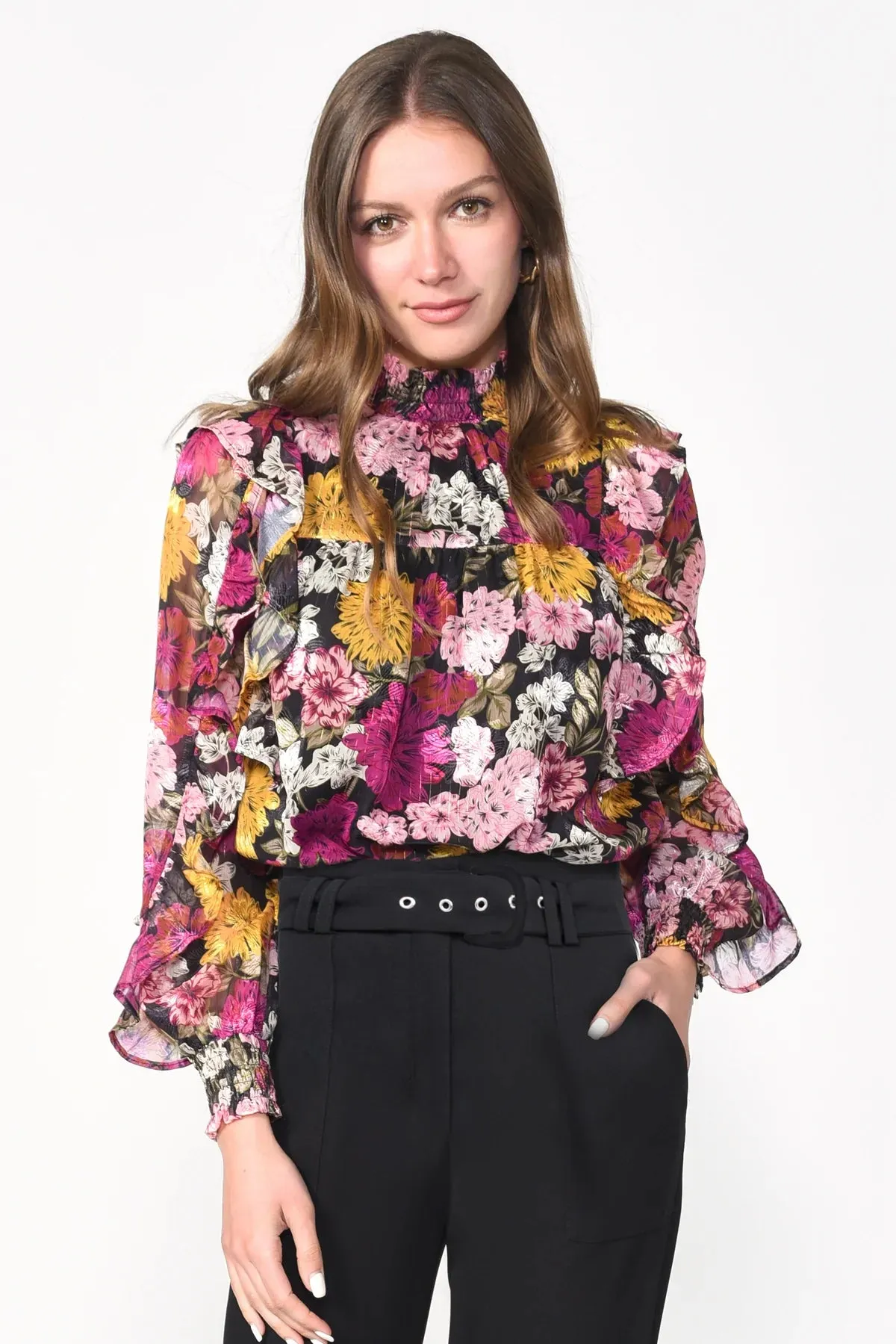 Pink Floral Mock Neck Ruffled Jules Blouse