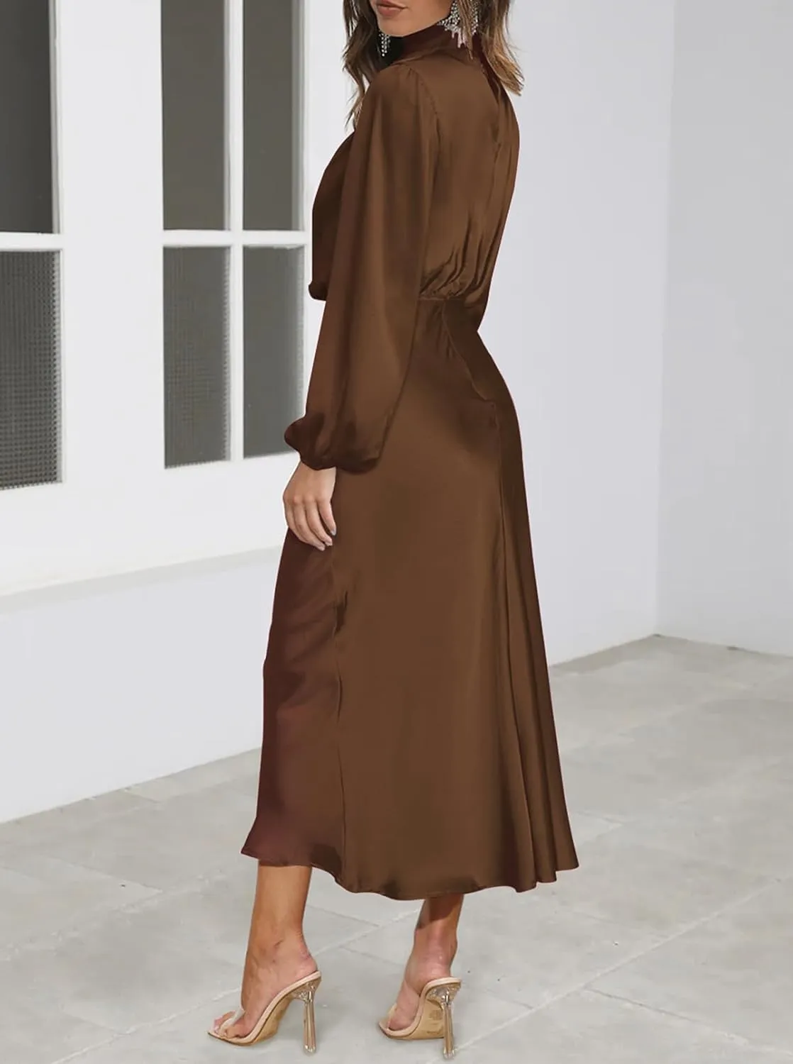 Pink Queen Women's Elegant Long Sleeve Satin Dress Mock Neck Elastic Waist Cocktail Party Wedding Guest Midi Dresses