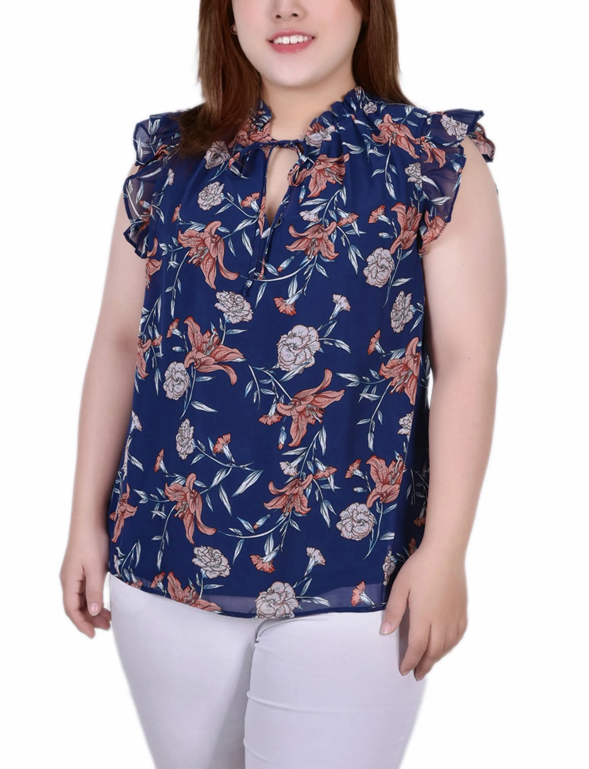 Plus Size Ruffled Sleeve Blouse With Tie Closure