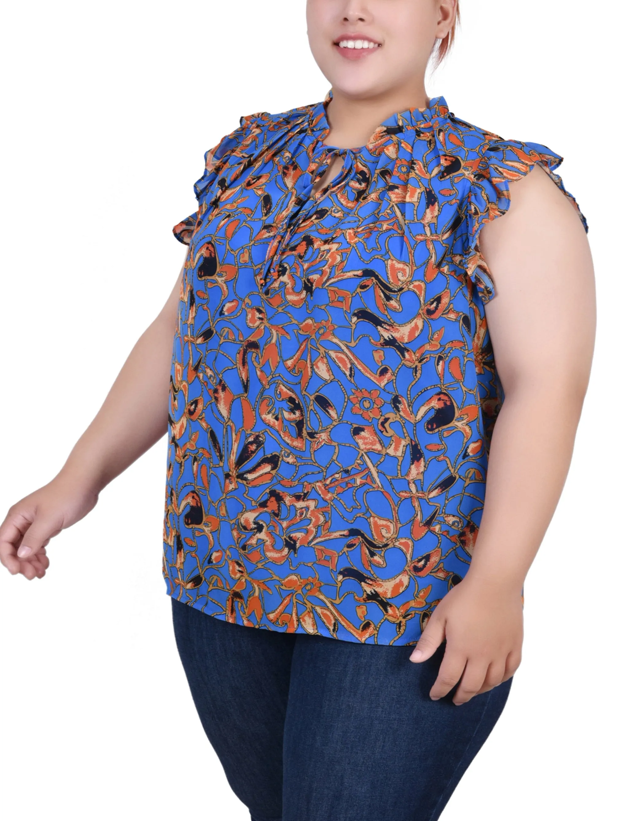 Plus Size Ruffled Sleeve Blouse With Tie Closure