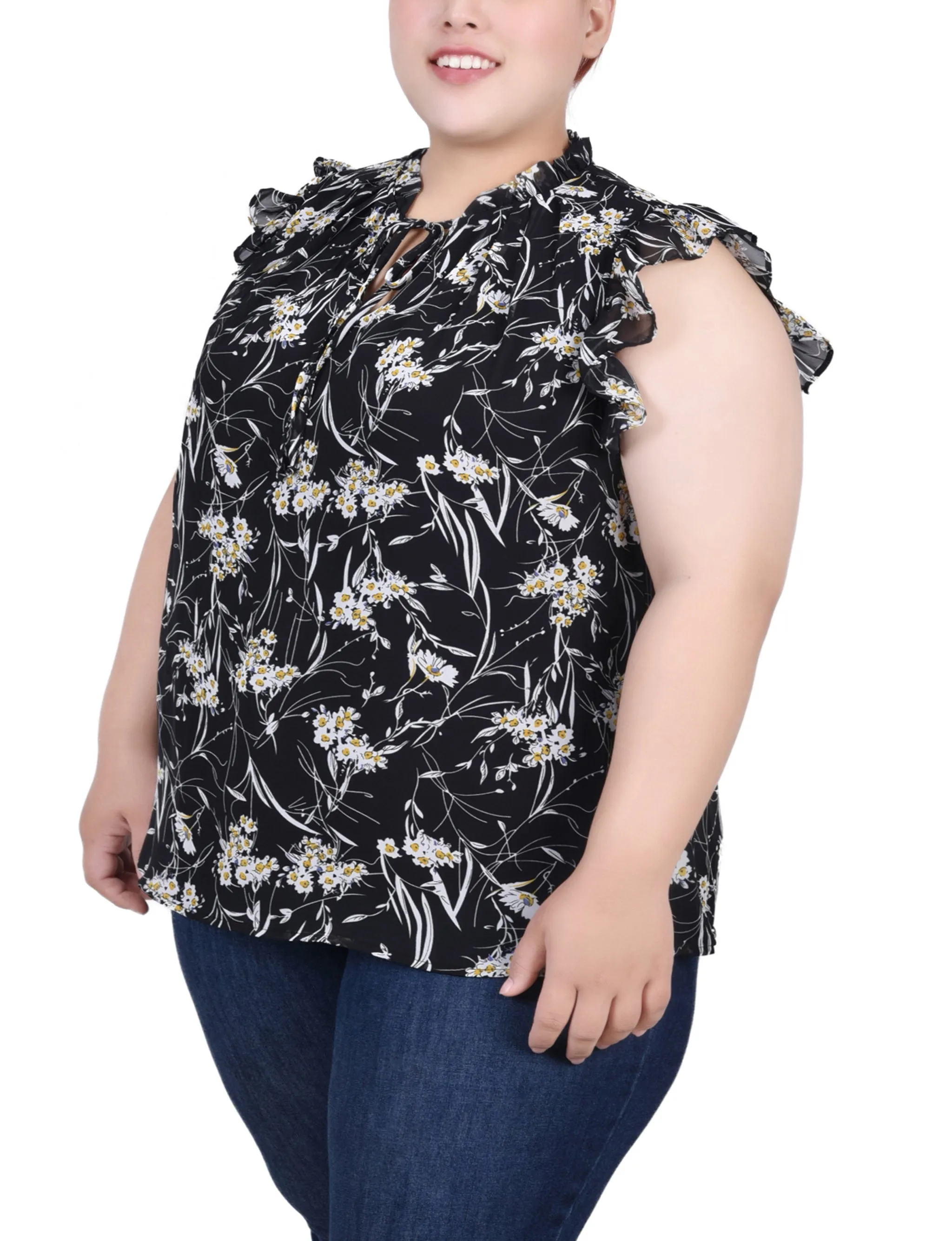 Plus Size Ruffled Sleeve Blouse With Tie Closure