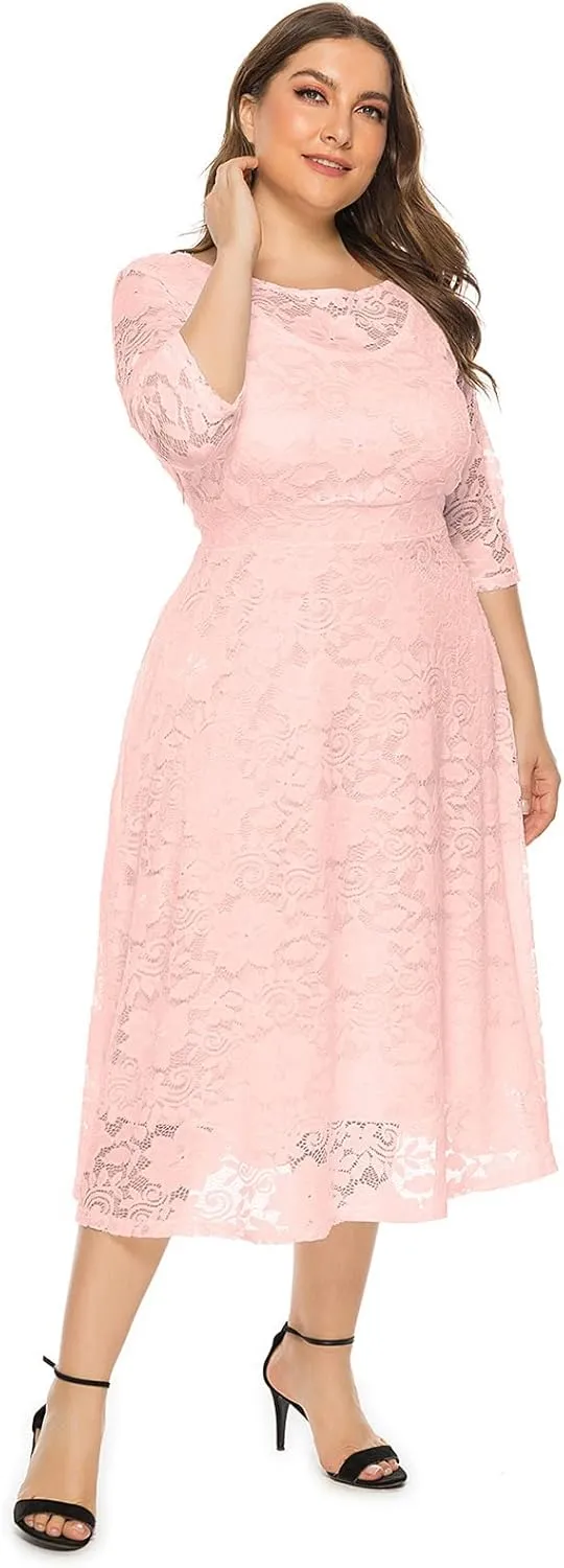 Plus Size Women Vintage Lace 3/4 Sleeve Midi Swing Evening Party Cocktail Wedding Bridesmaid Dresses
