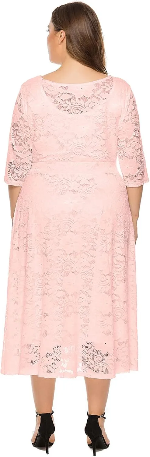Plus Size Women Vintage Lace 3/4 Sleeve Midi Swing Evening Party Cocktail Wedding Bridesmaid Dresses