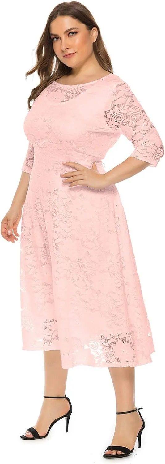 Plus Size Women Vintage Lace 3/4 Sleeve Midi Swing Evening Party Cocktail Wedding Bridesmaid Dresses