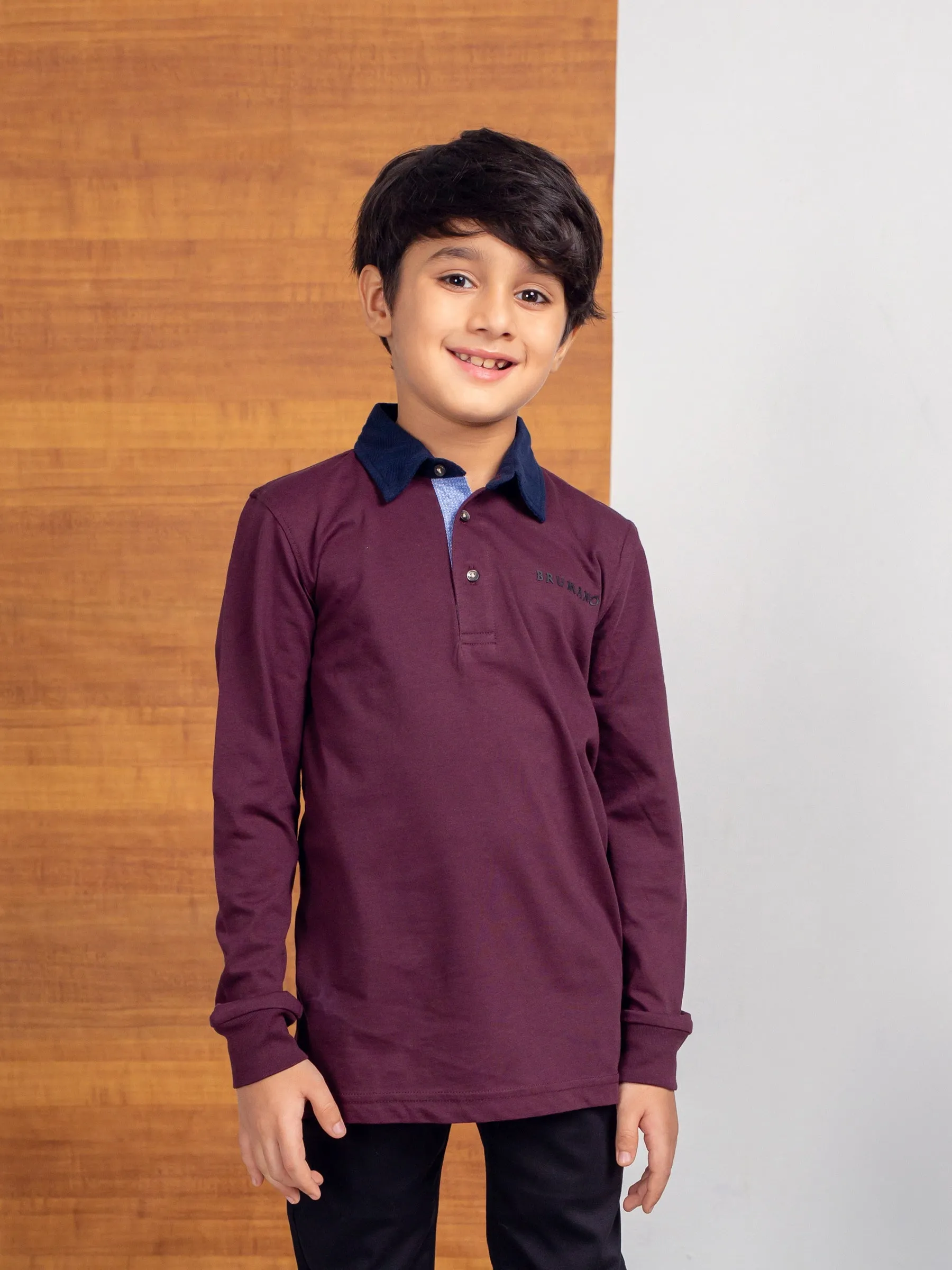 Purple Casual Full Sleeve Polo With Contrasting Collar