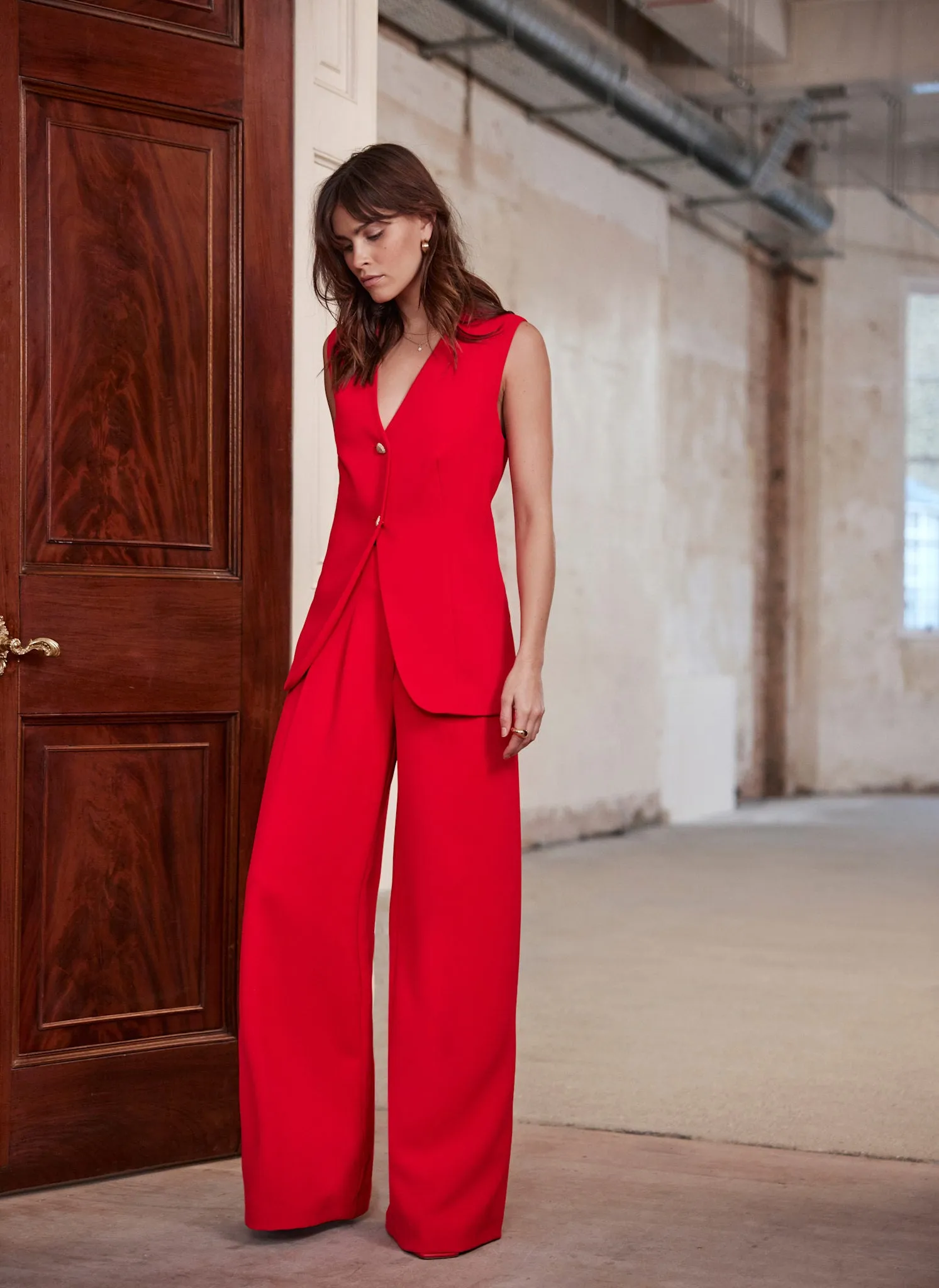 Red High Waisted Wide Trousers