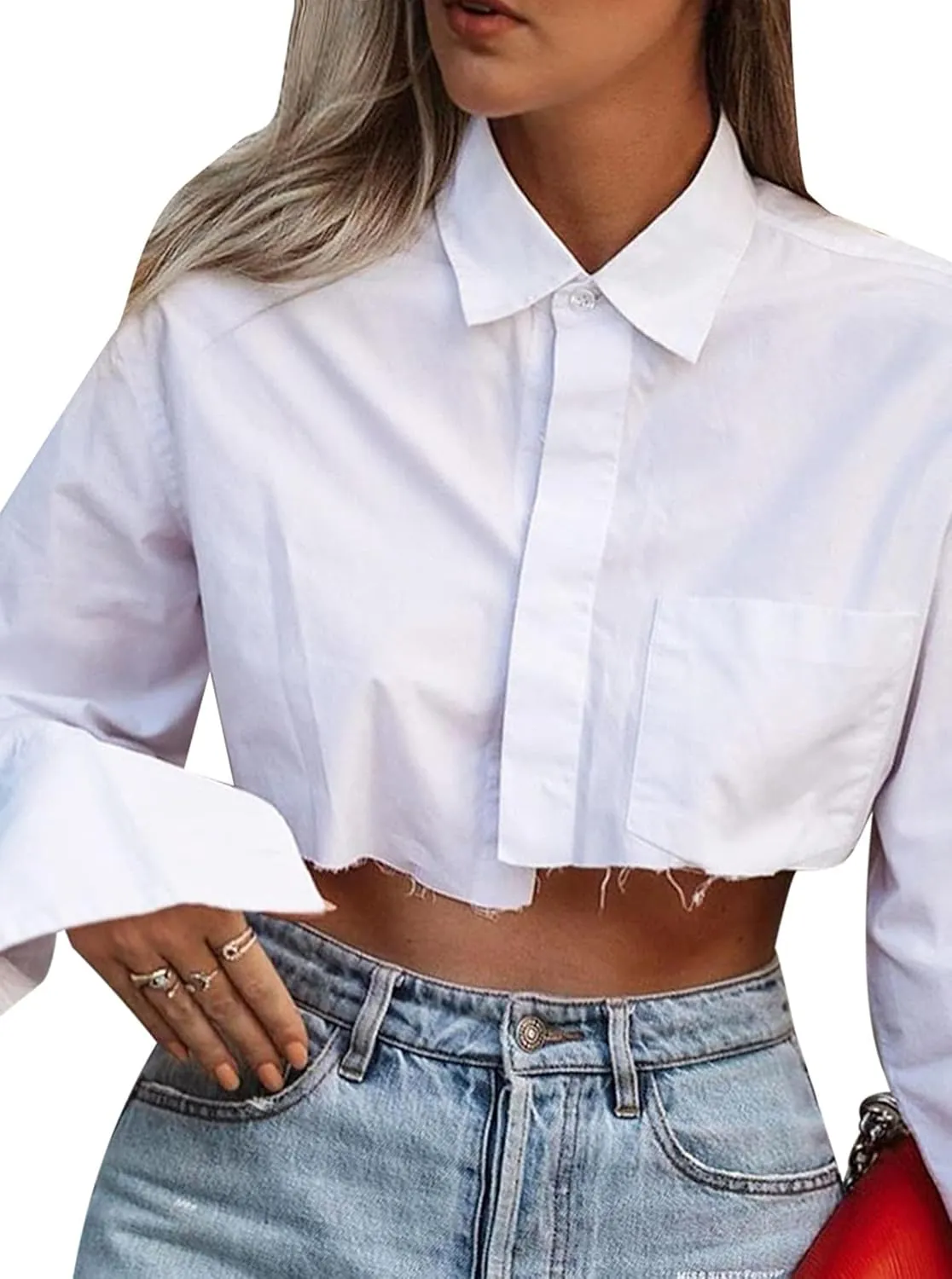 Remidoo Women's Asymmetrical Hem Long Sleeve Button Up Shirt Crop Top Blouse