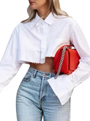 Remidoo Women's Asymmetrical Hem Long Sleeve Button Up Shirt Crop Top Blouse