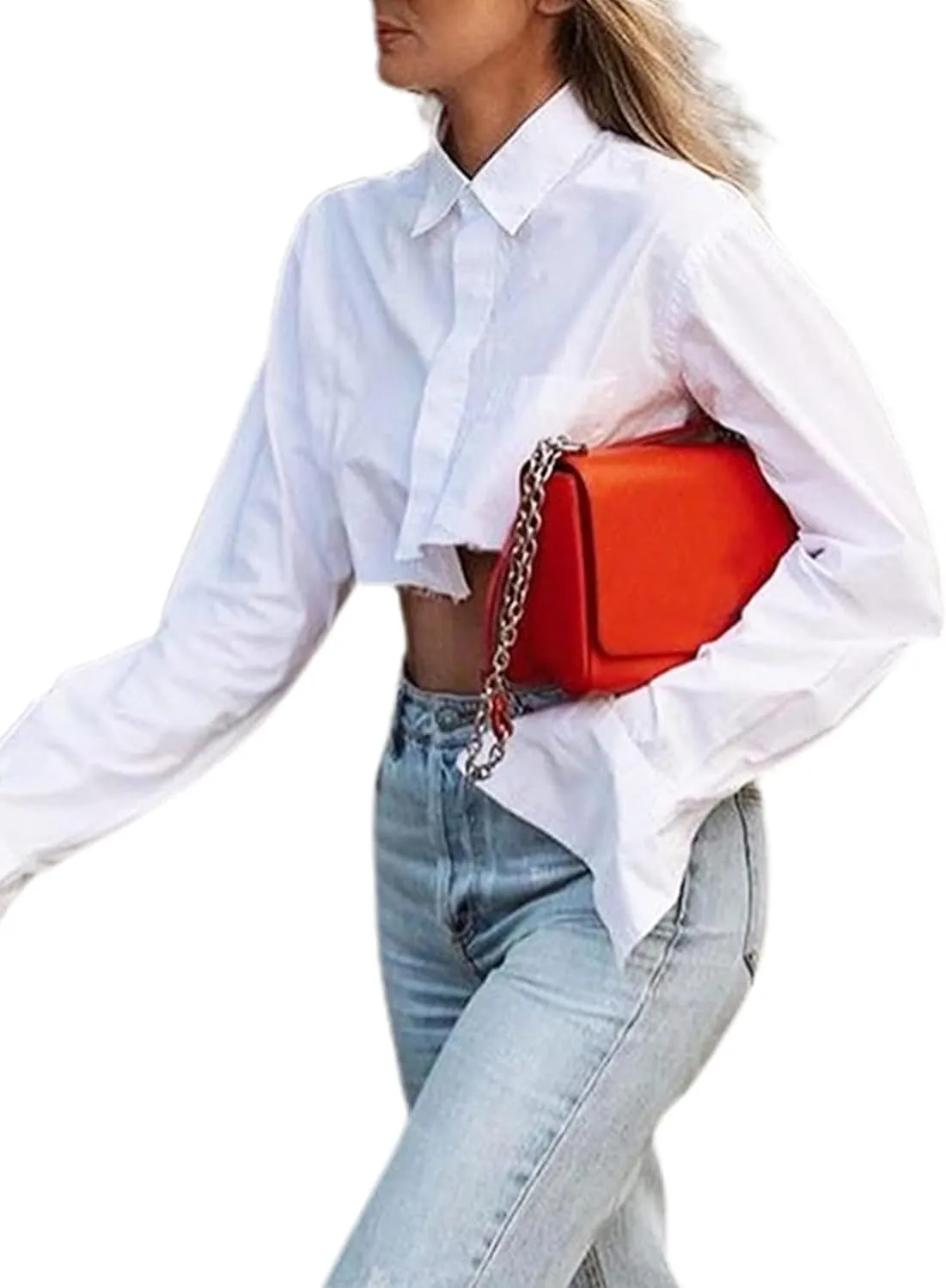 Remidoo Women's Asymmetrical Hem Long Sleeve Button Up Shirt Crop Top Blouse