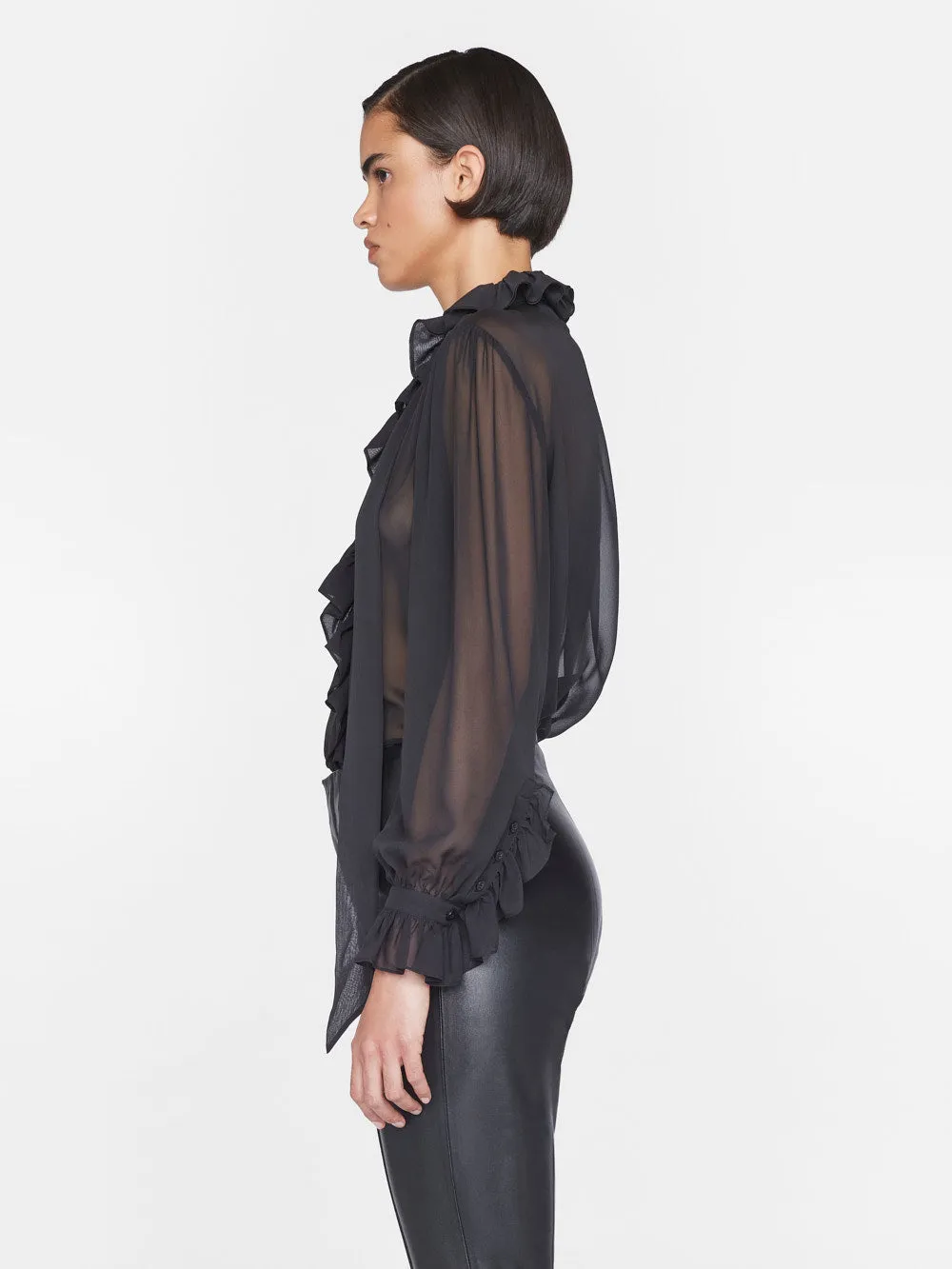 Ruffle Front Button Up Shirt -- Noir